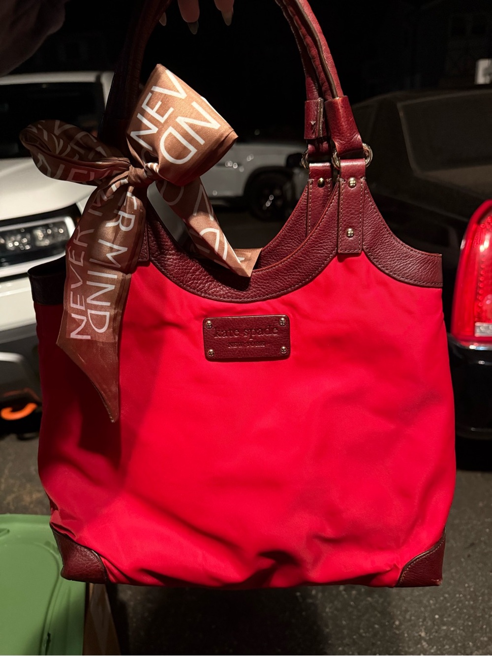 Kate Spade Red Nylon Tote Bag with Red/Brown Leather Trim